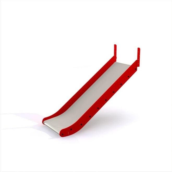 Slide rouge et argent pour aire de jeux.