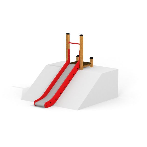 Toboggan d’aire de jeux extérieure Hill Slide SL120 avec côtés rouges et support en bois sur plateforme blanche.