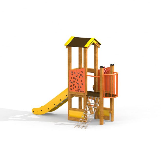 Structure de jeu en bois Pixie playhouse with slide avec filet d’escalade et toboggan en spirale