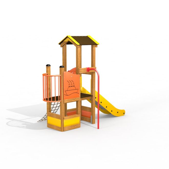 Structure de jeu en bois Dixie playhouse with slide avec toboggan jaune et éléments d'escalade