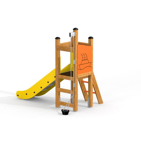 Structure d'escalade en bois avec toboggan jaune et panneau orange avec dessin de bateau, Pi.