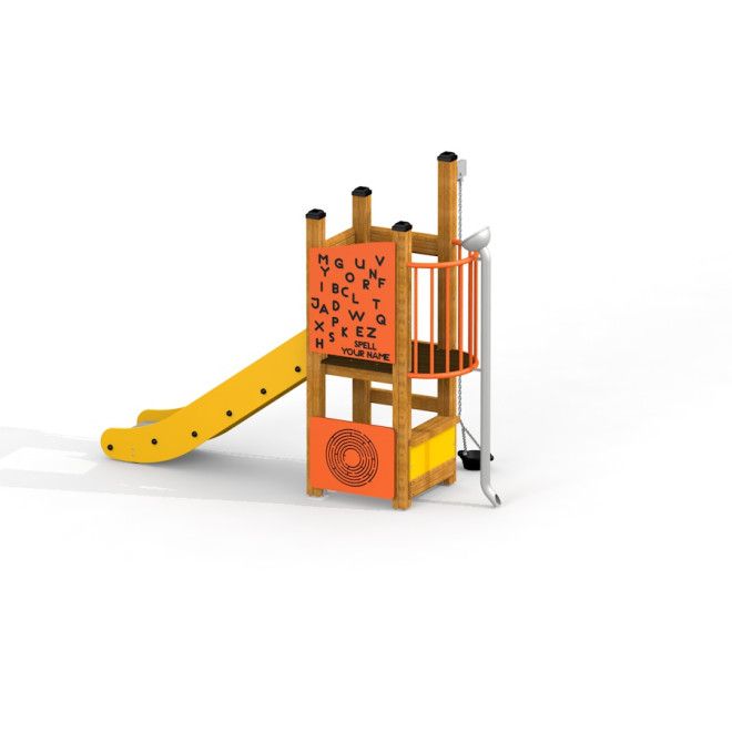 Structure d’escalade de jeu Sigma avec toboggan jaune et panneaux d’activités
