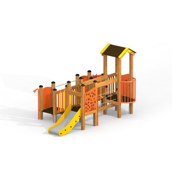 Structure de terrain de jeu en bois Rubik playhouse with slide avec éléments d’escalade et toboggan jaune