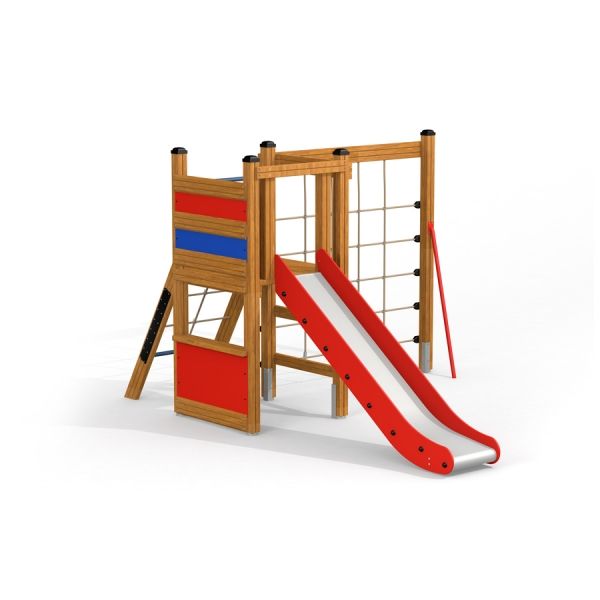Structure de jeux en bois avec un toboggan rouge, un filet d’escalade et un accent bleu.