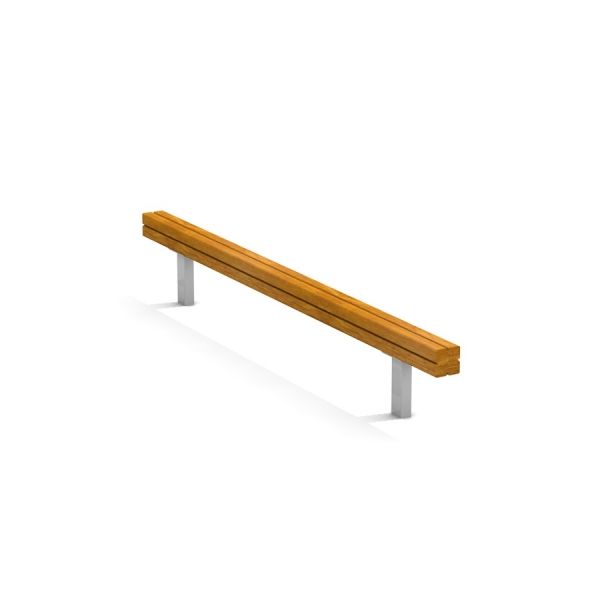 Poutre d'équilibre en bois sur supports métalliques.