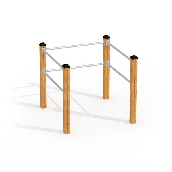 Barre d'étirement en bois et métal pour l'exercice en extérieur.