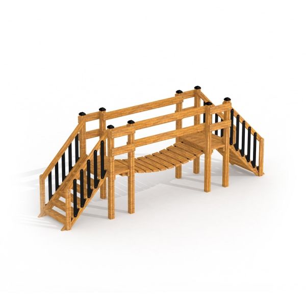 Équipement de jeu en bois Bridge avec garde-corps noirs.