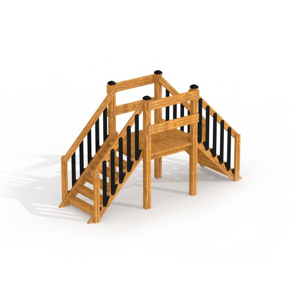Structure d'aire de jeux en bois Trap rock avec escaliers et garde-corps.