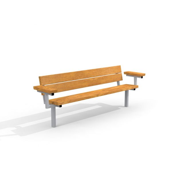 Bench, Steel Construction avec siège et dossier en bois sur fond blanc.