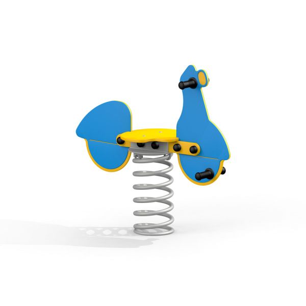Jouet d'aire de jeux bleu et jaune Scooter rocking sur base à ressort.