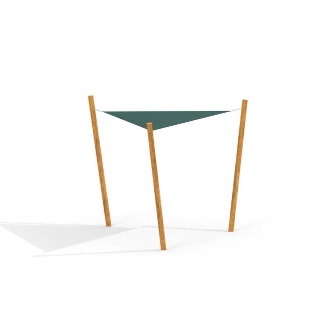 Voile d’ombrage triangulaire 3x3x3 Nature avec poteaux en bois et toile verte pour l’ombre de l’aire de jeux