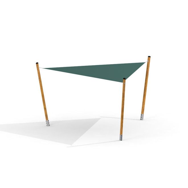 Triangle d'ombrage solaire 5x5x5 Pioneer avec poteaux en bois et voile d'ombrage verte