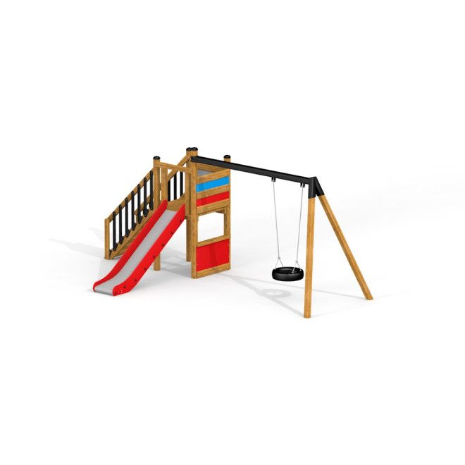 Single Swing with Tower single slide équipement de terrain de jeu avec cadre en bois, toboggan rouge et balançoire à pneu