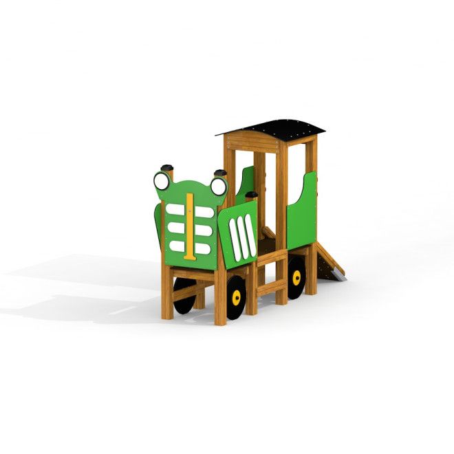 Terrain de jeu en bois pour enfants Tractor avec panneaux verts et toboggan.