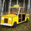 Équipement de aire de jeux en bois jaune Taxi dans un parc.