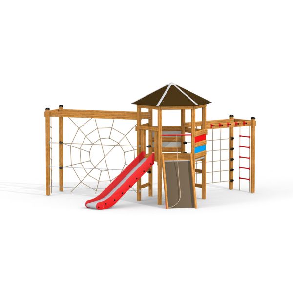 Structure d’escalade de terrain de jeu Six angle single slide avec toboggan rouge et filet de corde.
