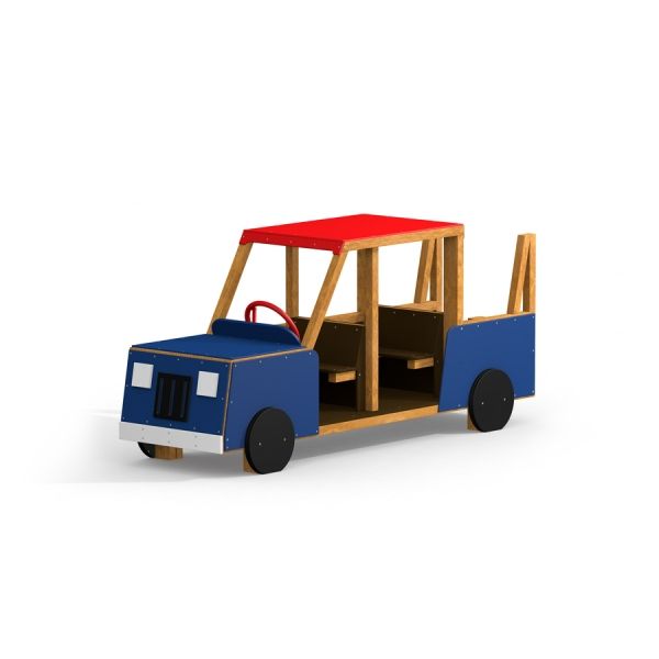 Jeu en bois Truck avec extérieur bleu et toit rouge.