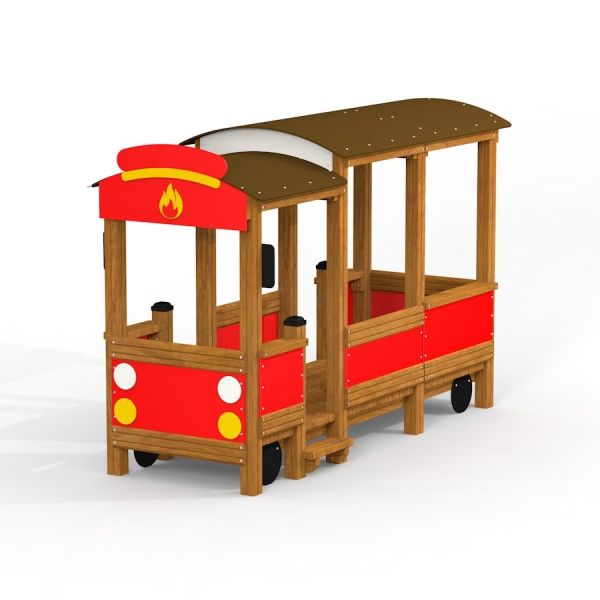 Structure de jeu en bois en forme de voiture de pompiers avec panneaux rouges et symbole de feu.