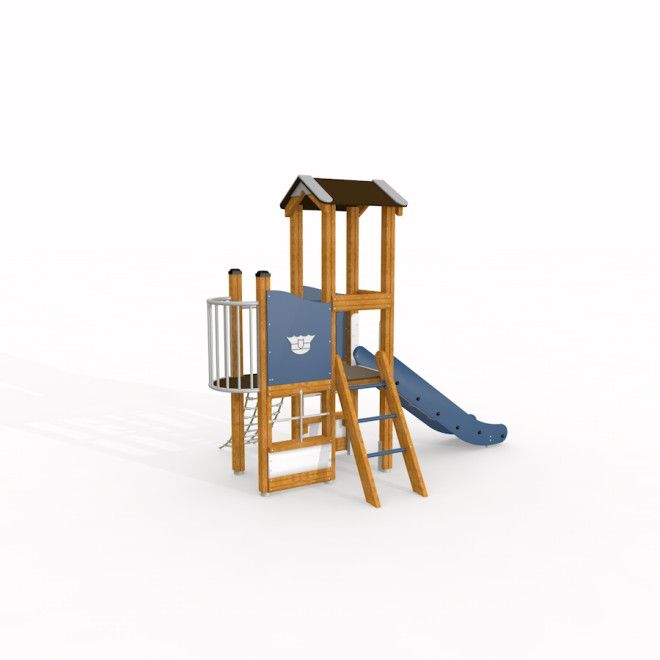 Équipement de jeu en bois Police station playhouse with slide pour enfants.