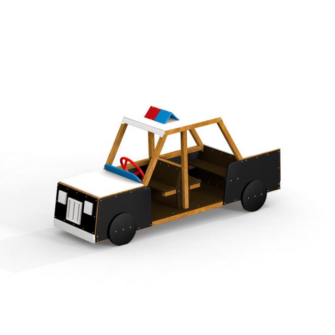 Équipement de jeu en bois Police car avec volant rouge et lumière bleue et rouge sur le dessus