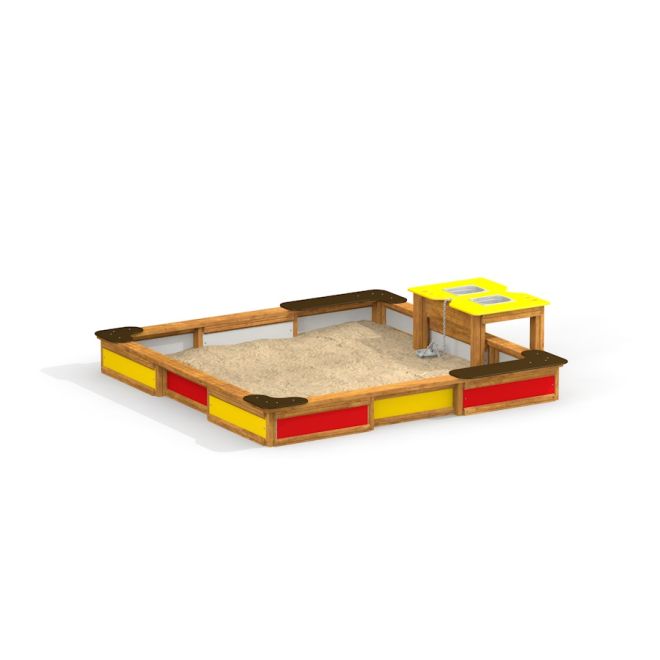 All accessible sandbox avec des panneaux colorés rouges et jaunes