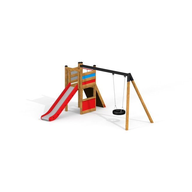 Single Swing with Tower single slide équipement de terrain de jeu avec structure en bois, toboggan rouge et noir