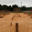 Équipement de terrain de jeu en bois pour l’équilibre en extérieur dans une zone forestière.