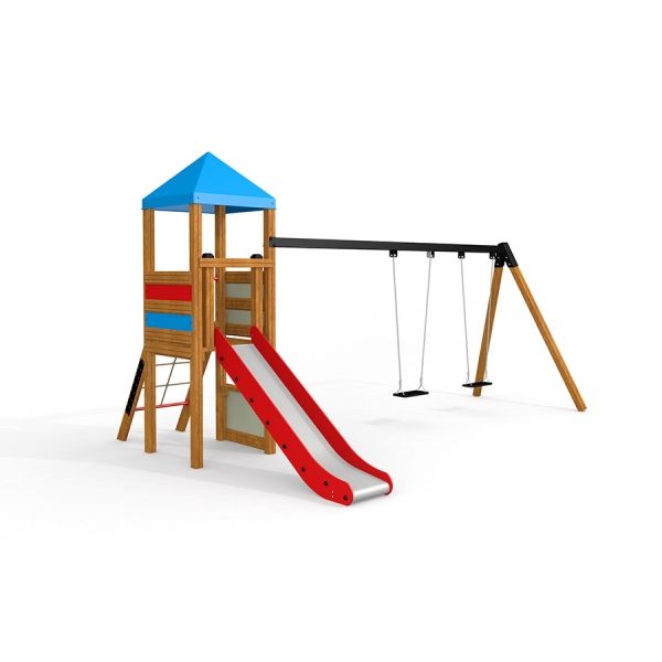 Double Swing with Tower playhouse with slide, aire de jeux en bois pour enfants