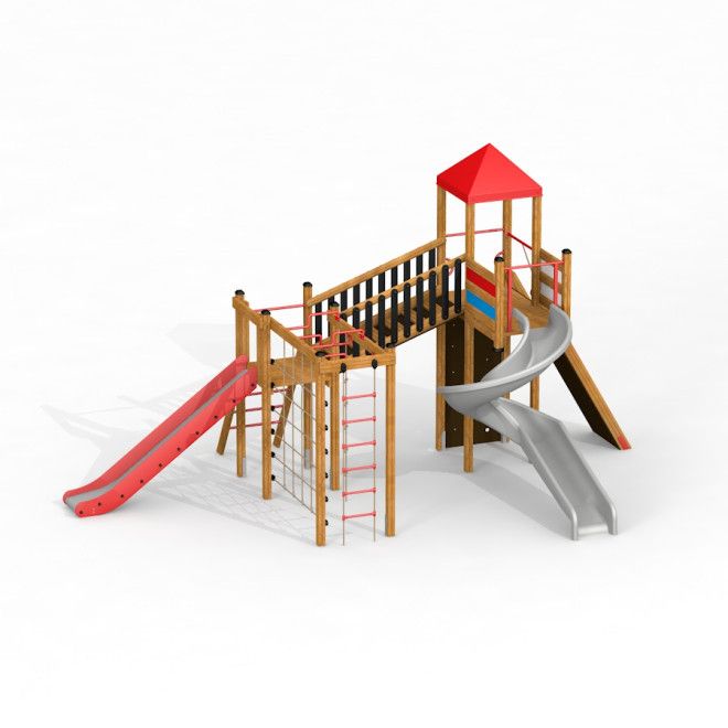 Équipement de aire de jeux Twister castle with slide avec éléments d'escalade et toit rouge