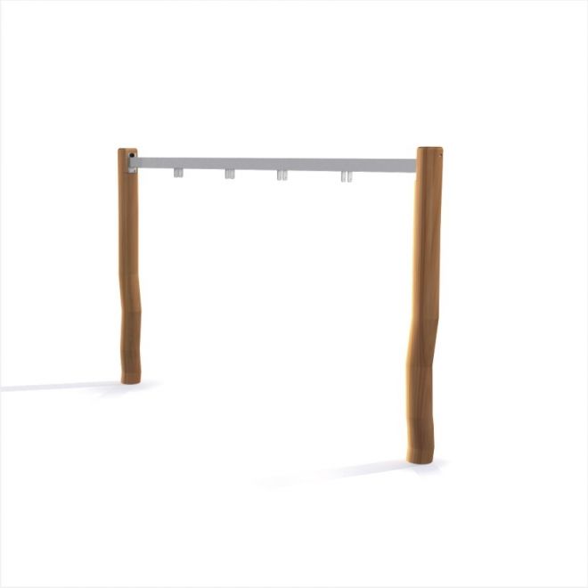 Nature Swing Frame (double swing) avec des poteaux en bois et une barre transversale en métal.