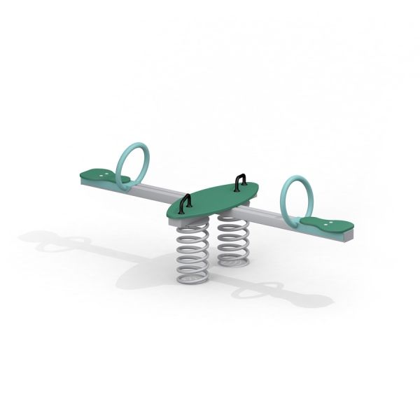 Vert Spock seesaw avec poignées circulaires et base à ressort.