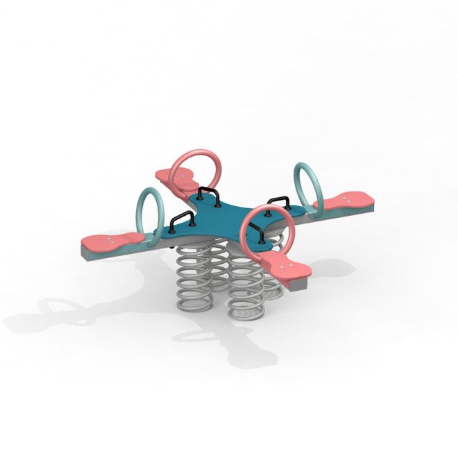 Bascule à ressort de terrain de jeu Alien rocking avec quatre sièges et poignées en bleu et rose.