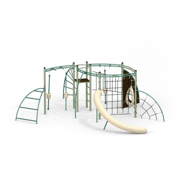 Équipement de terrain de jeu Sirius steel structure avec toboggan et filets d'escalade.