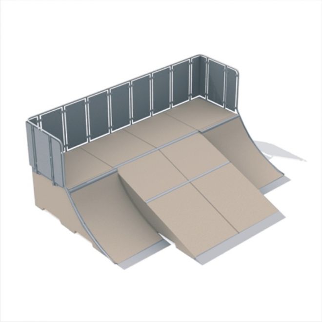 Module de rampe de skateboard Quarter 3 avec barrières de sécurité pour les skateparks.