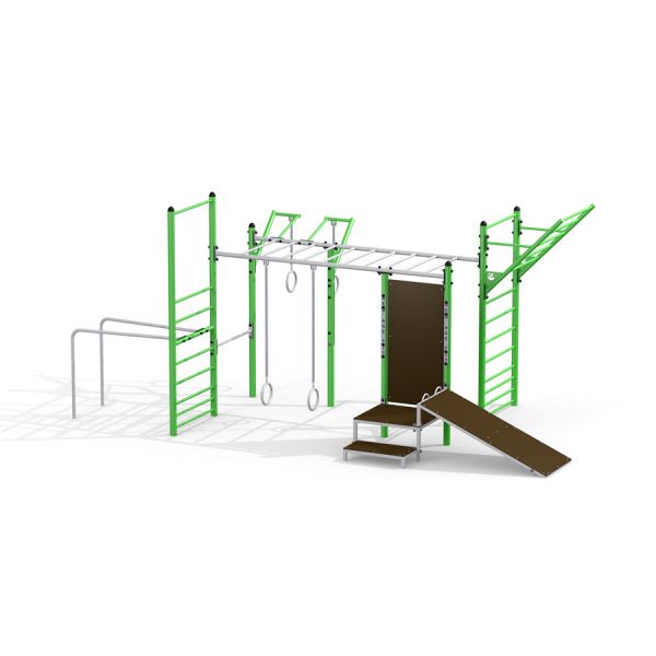 Aire de jeux New Age Fit MEDIUM avec structures d’escalade, barres de singe, toboggans et anneaux de gymnastique.