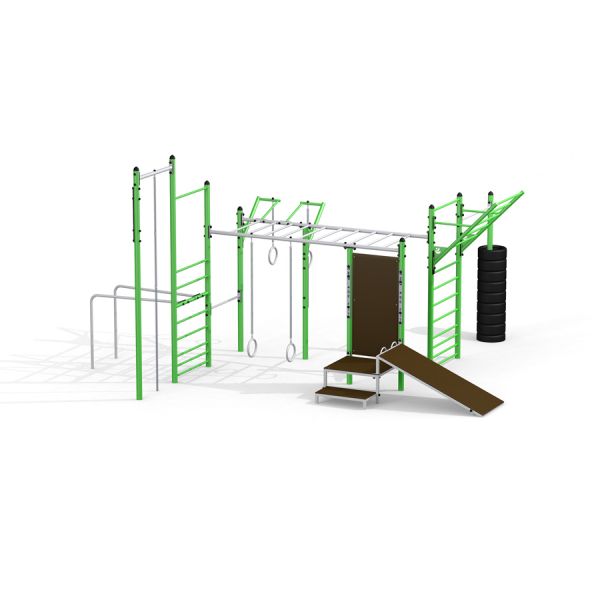Équipement de fitness extérieur New Age Fit avec barres de singe, anneaux de gymnastique et structures d’escalade.