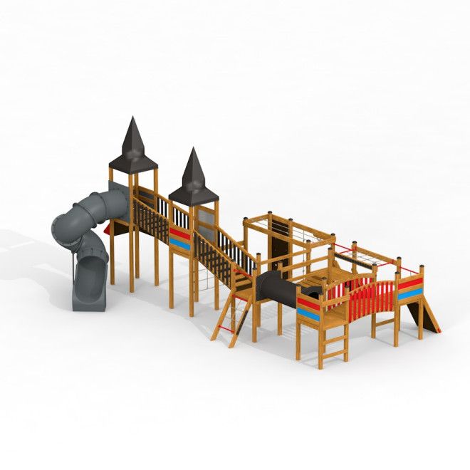 Structure de jeu en bois Apollo castle with slide avec éléments d’escalade et toboggan tubulaire