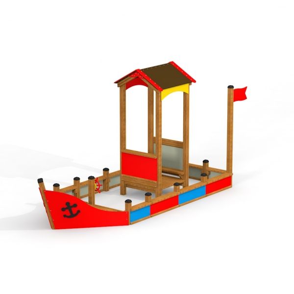 Structure de terrain de jeux Fisher Boat ship avec éléments rouges, jaunes et bleus