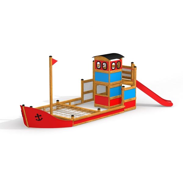 Équipements de terrain de jeux Fisher Boat Ship Sandbox avec toboggan et structure d’escalade.