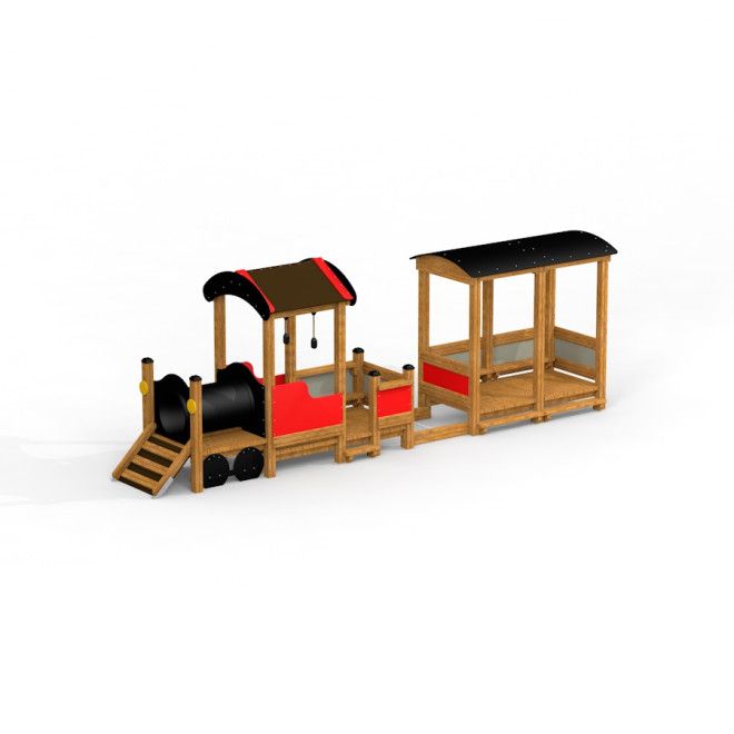 Équipement de jeu en bois Train avec des détails rouges et noirs pour les enfants.