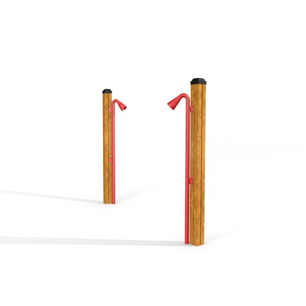 Équipement de jeu en bois Megaphone avec corne en métal rouge.