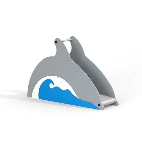 Aire de jeux pour enfants Dolphin Slide en gris avec motif de vague bleu.