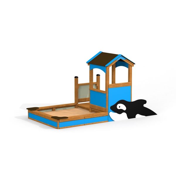 Maison de jeu individuelle avec design orque pour enfants en bleu et couleurs bois.