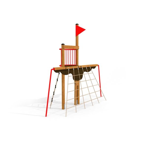 Mast climbing net pour aire de jeux avec structure en bois et drapeau rouge.