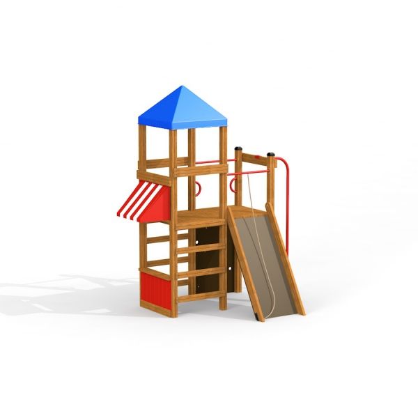 Maison de jeu pour enfants avec tour, barre de pompier et toboggan.