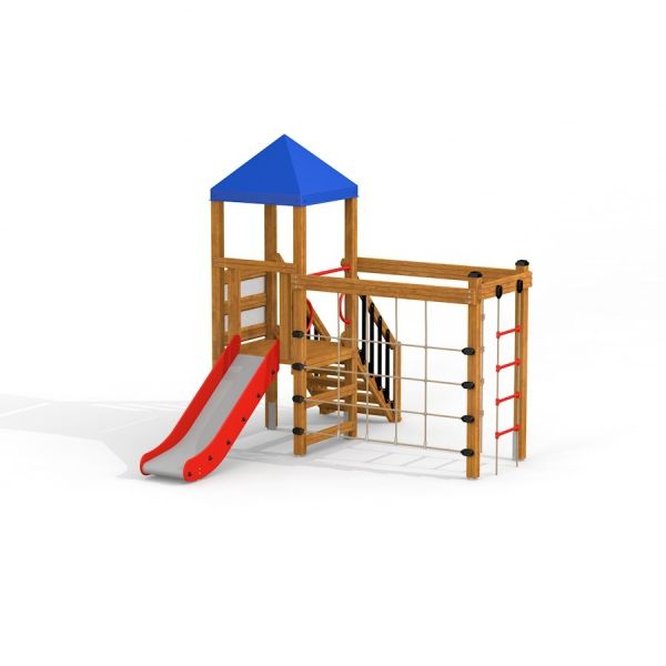 Logo Tower with Climbing Net playhouse with slide, structure en bois, toit bleu et toboggan rouge.
