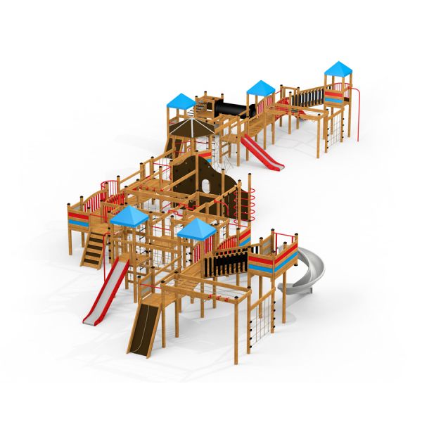 Gigantic castle with slide, structure de jeu en bois avec plusieurs toboggans et structures d’escalade.