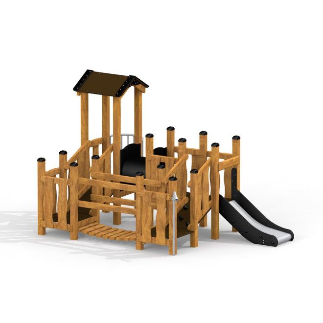 Rubik Modern Nature wooden playhouse with slide pour aire de jeux extérieure pour enfants