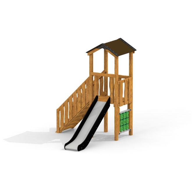 Logo Modern Nature playhouse with slide, maison de jeu en bois avec un toboggan pour enfants