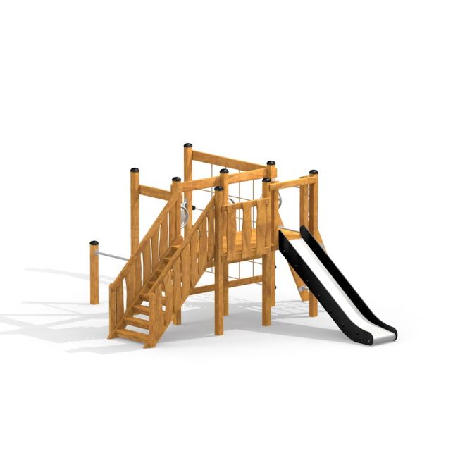 Cabane de jeu en bois Kiosk Modern Nature avec toboggan et escaliers.